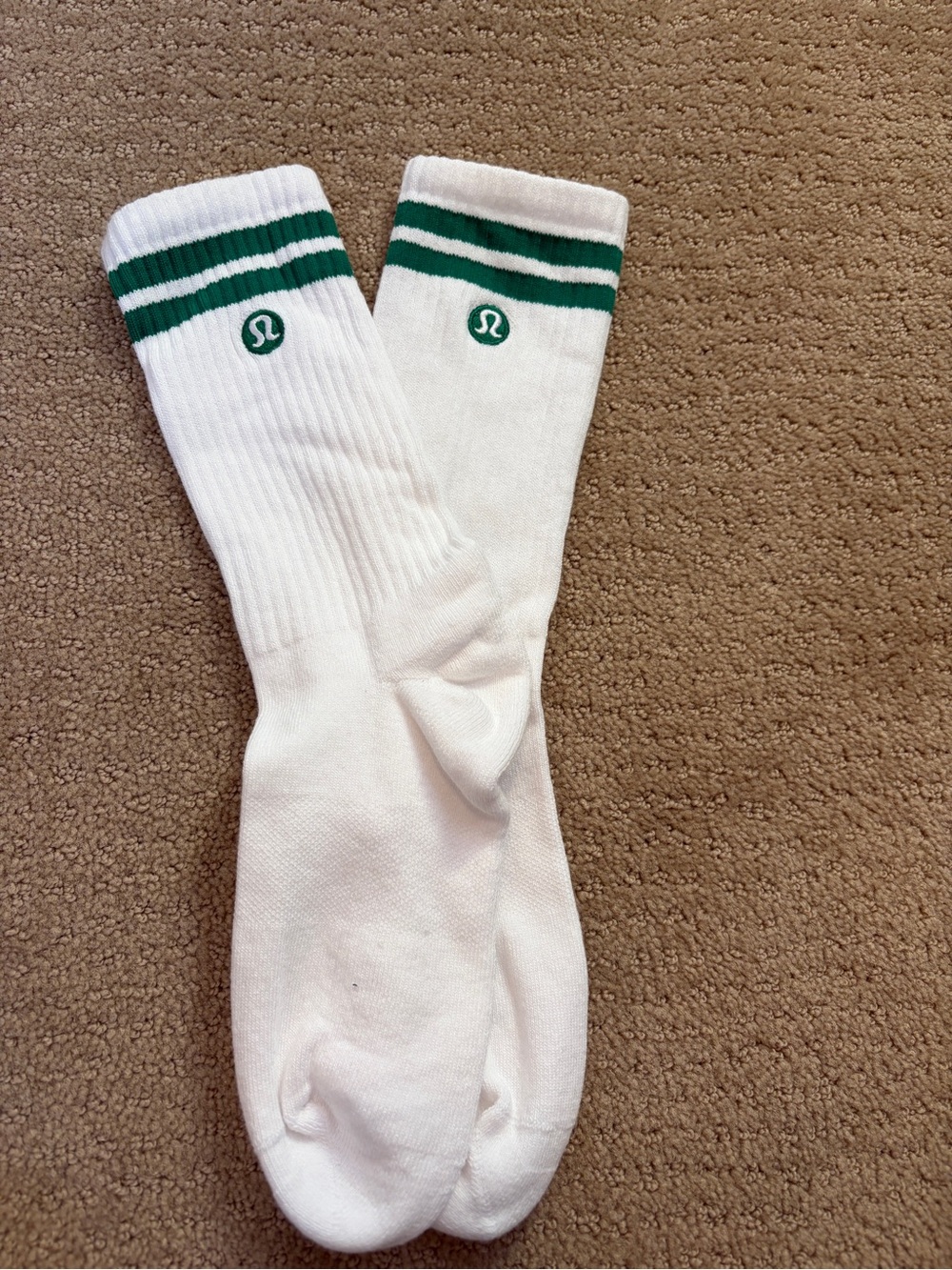 lululemon athletica White Crew Socks with Green Stripe Accent- never worn!